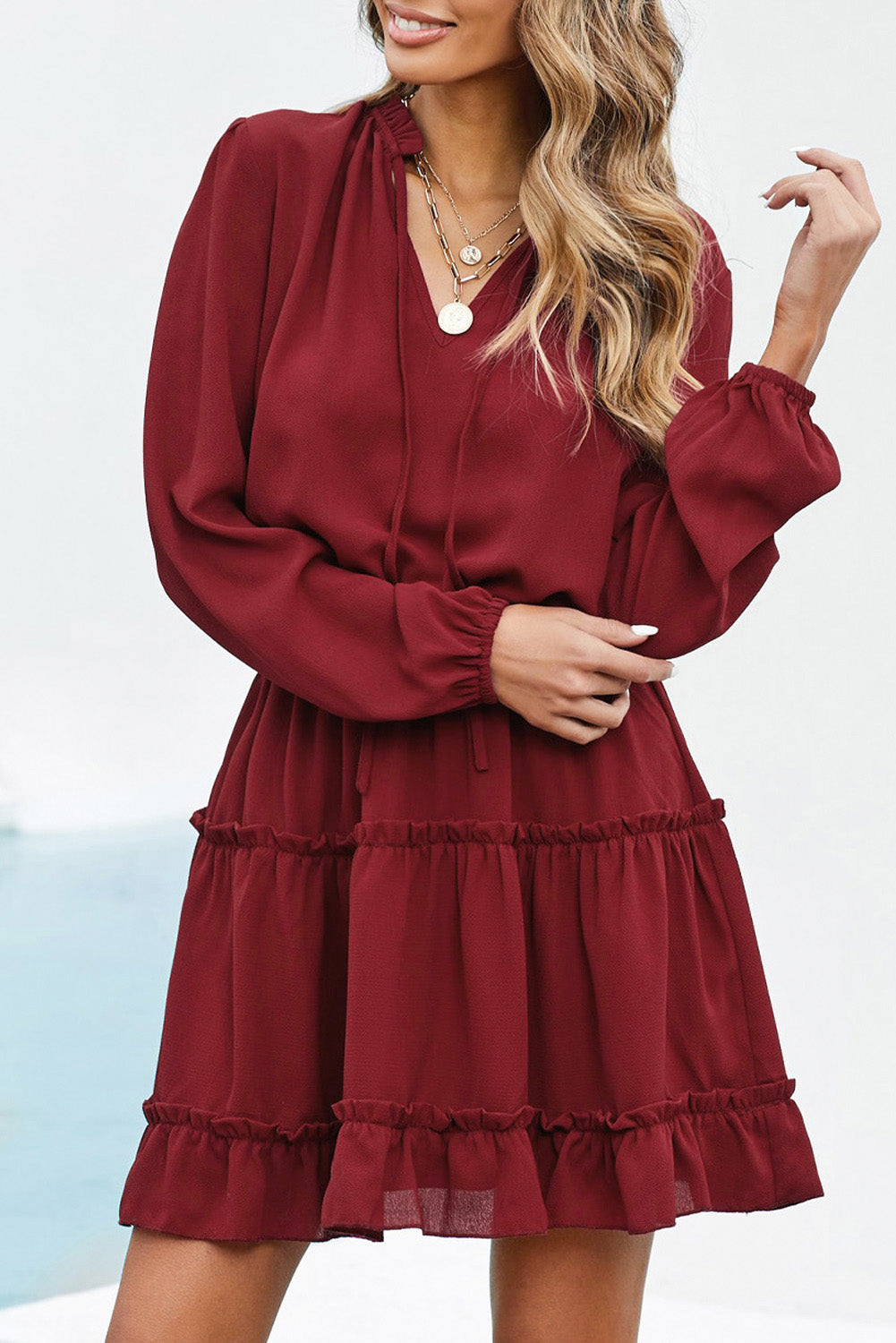 Tied Frill Trim Puff Sleeve Mini Dress Trendsi