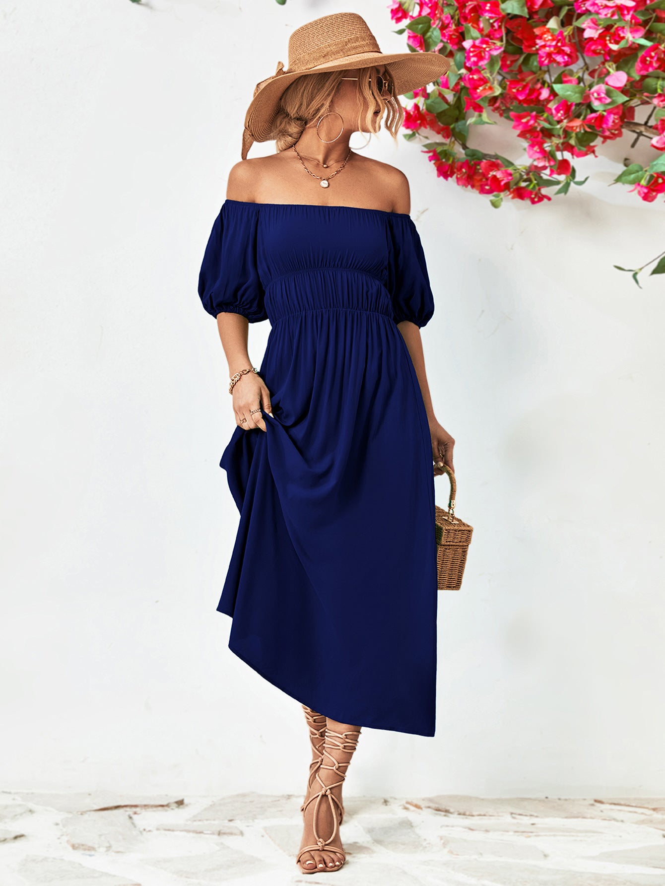 Off-Shoulder Balloon Sleeve Midi Dress Trendsi