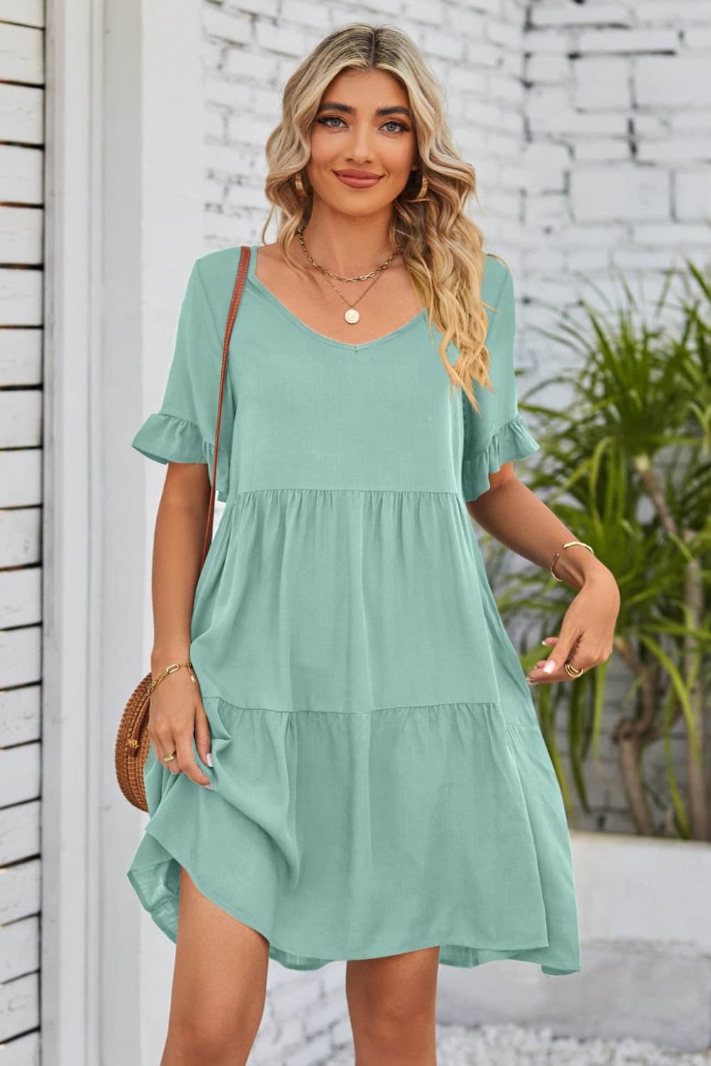V-Neck Flounce Sleeve Tiered Dress Trendsi