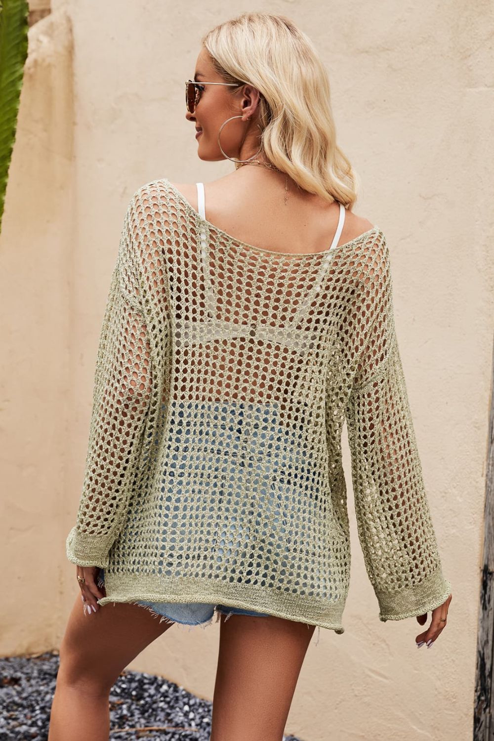 Openwork Round Neck Long Sleeve Cover Up Trendsi