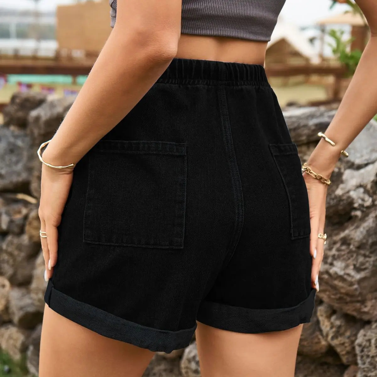 Drawstring High Waist Denim Shorts with Pockets Trendsi