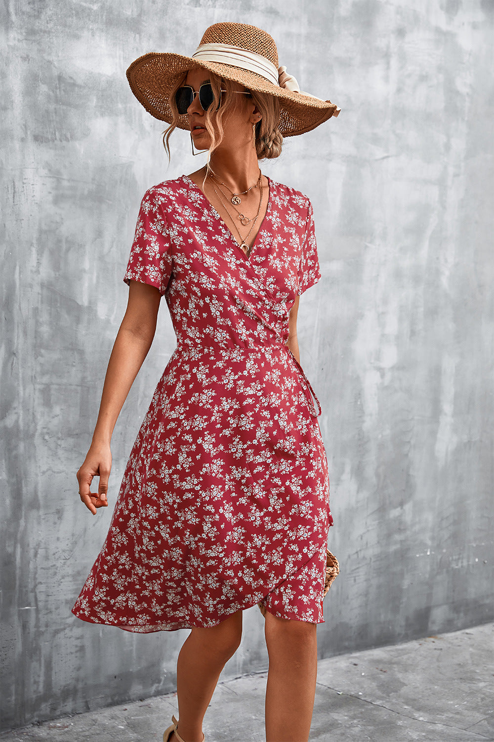 Floral Surplice Neck Flutter Sleeve Dress Trendsi