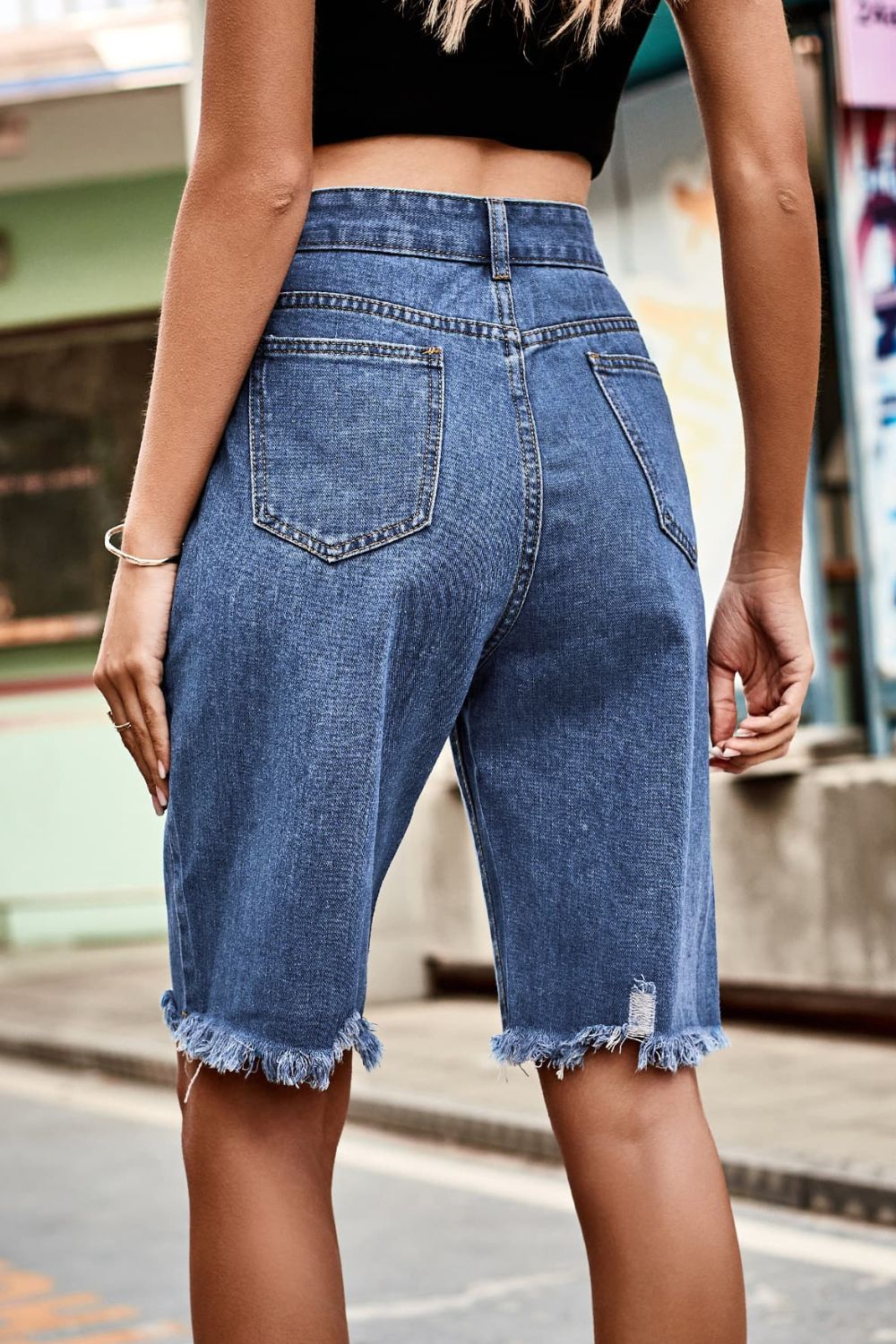 Raw Hem High Waist Denim Shorts with Pockets Trendsi