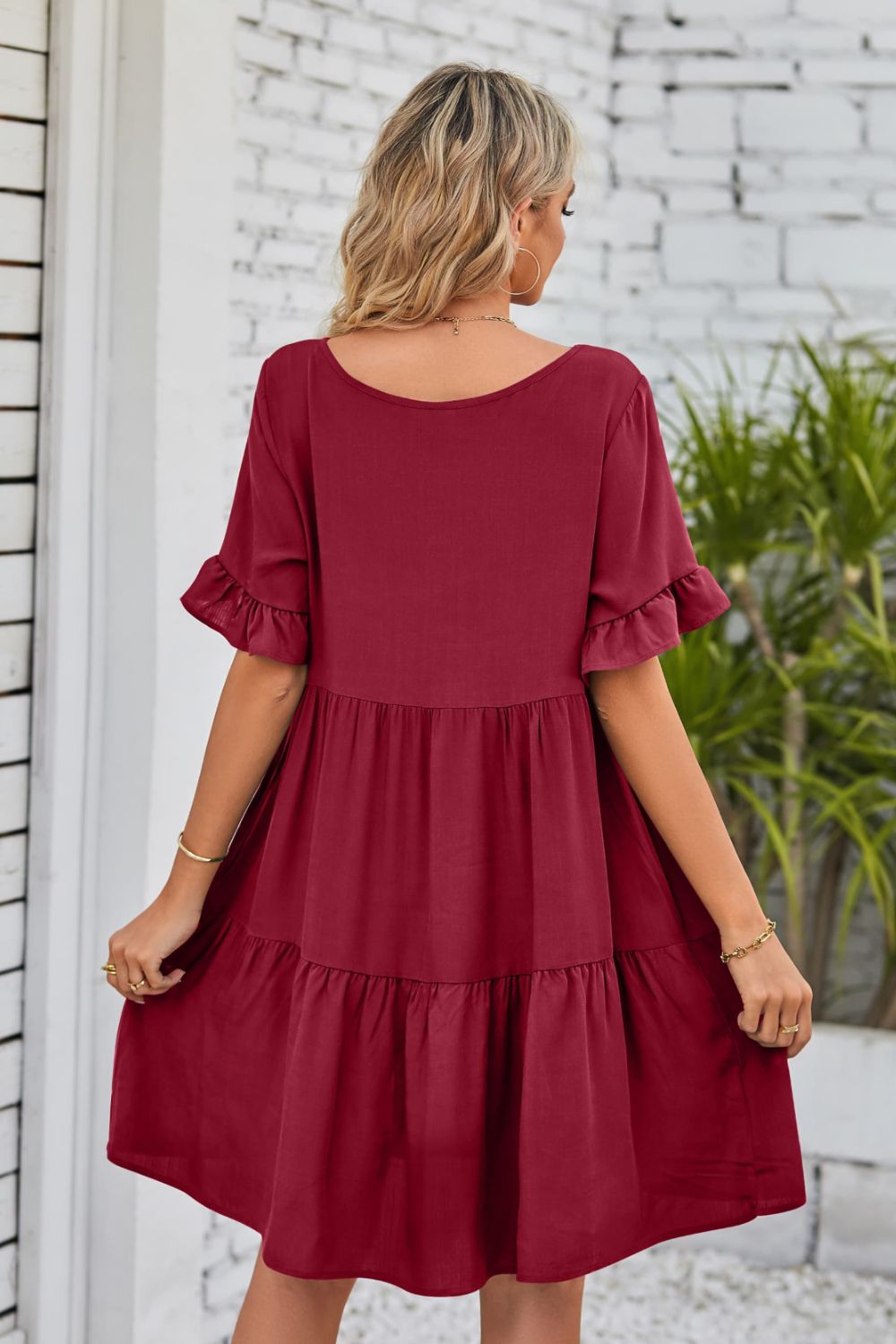 V-Neck Flounce Sleeve Tiered Dress Trendsi