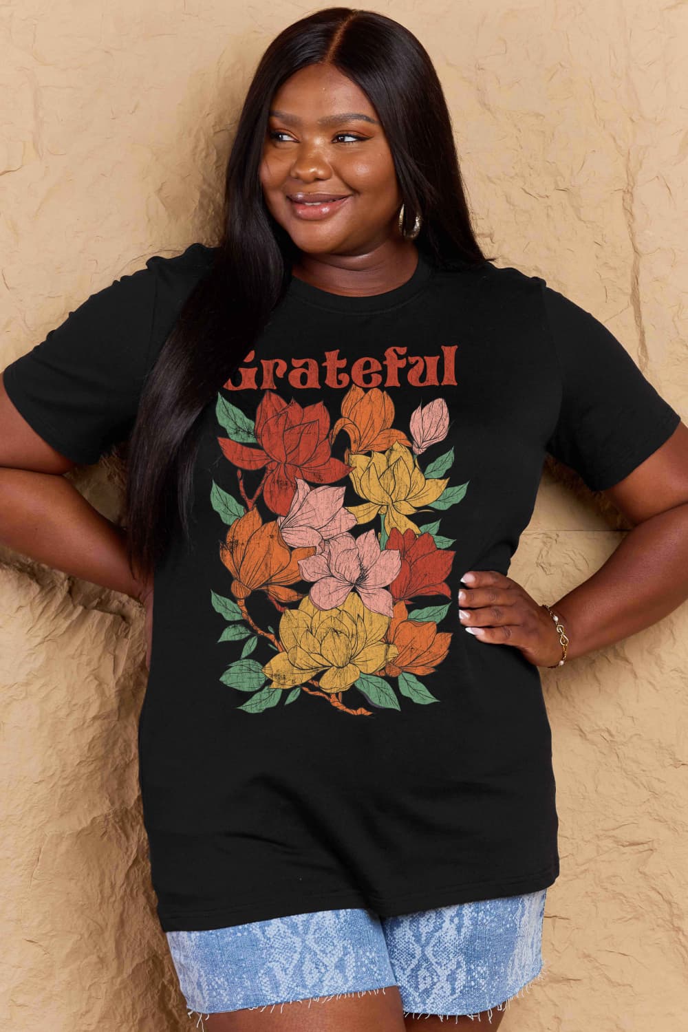 Simply Love Full Size GRATEFUL Flower Graphic Cotton T-Shirt Trendsi
