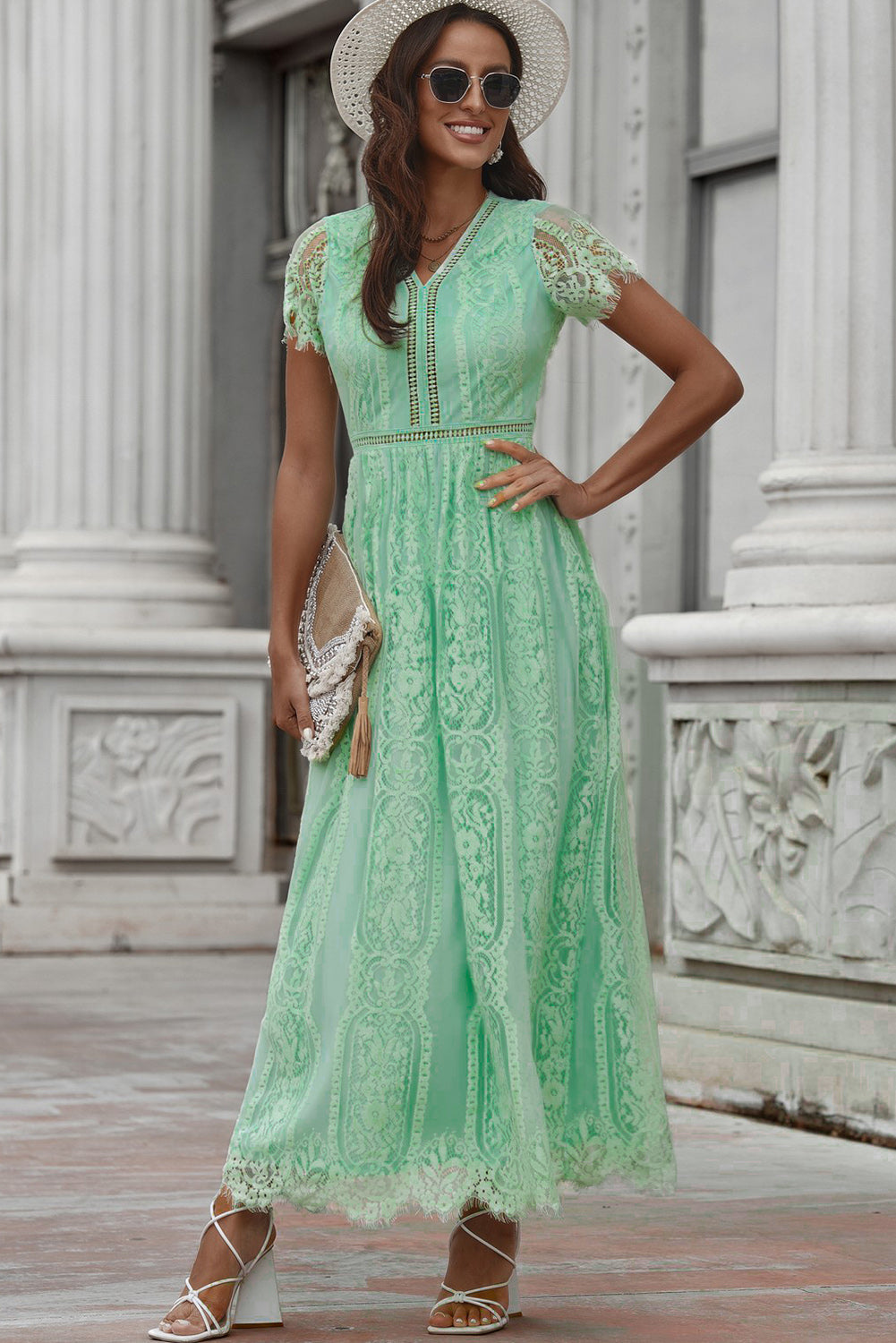 Scalloped Trim Lace Plunge Dress Trendsi