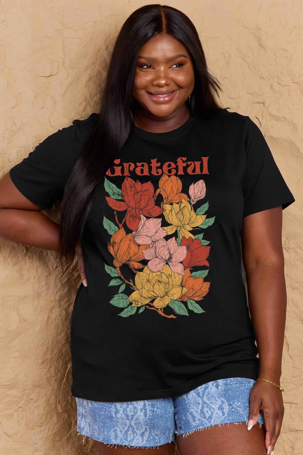 Simply Love Full Size GRATEFUL Flower Graphic Cotton T-Shirt Trendsi