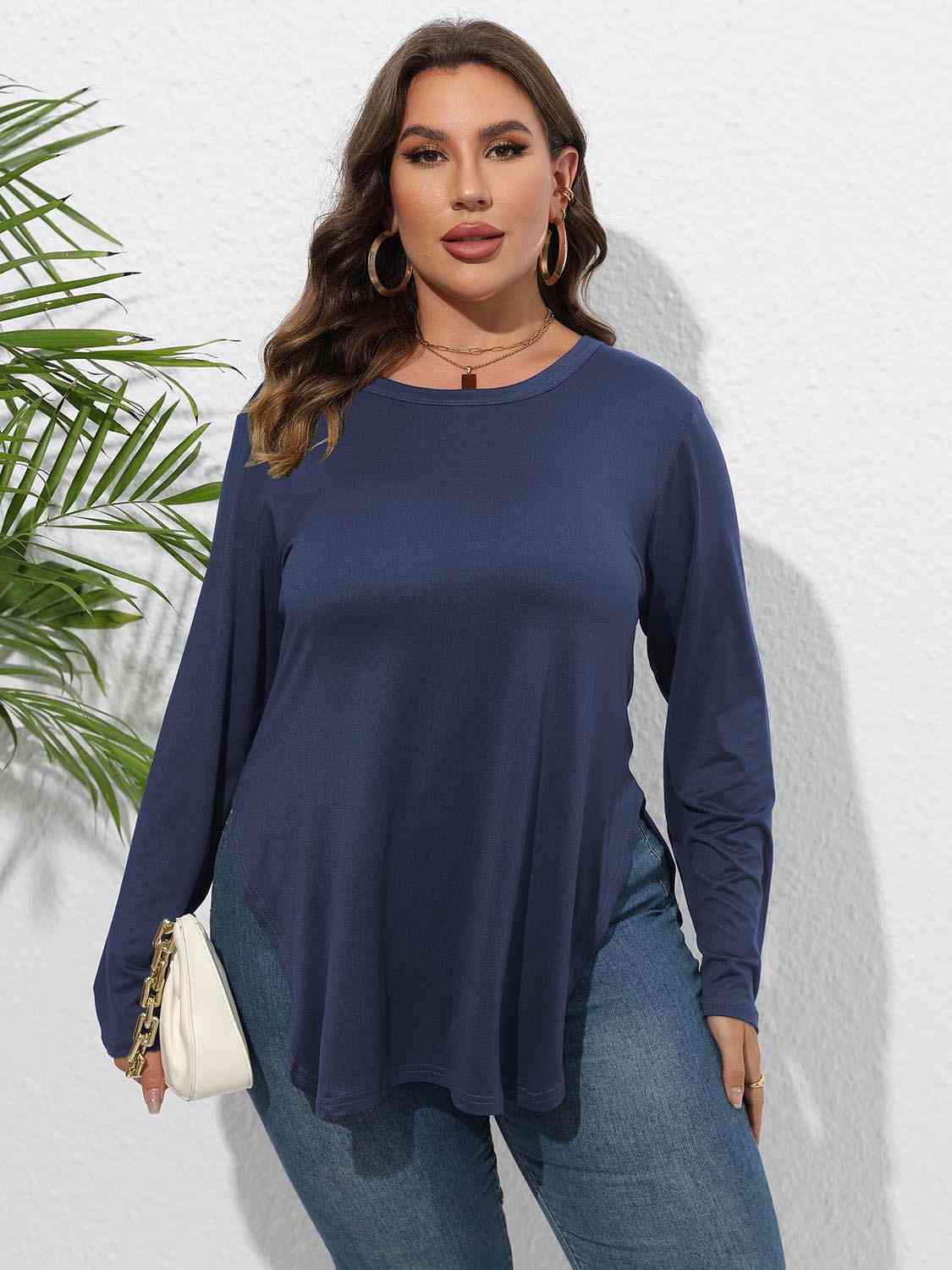 Plus Size Round Neck Long Sleeve Slit Shirt