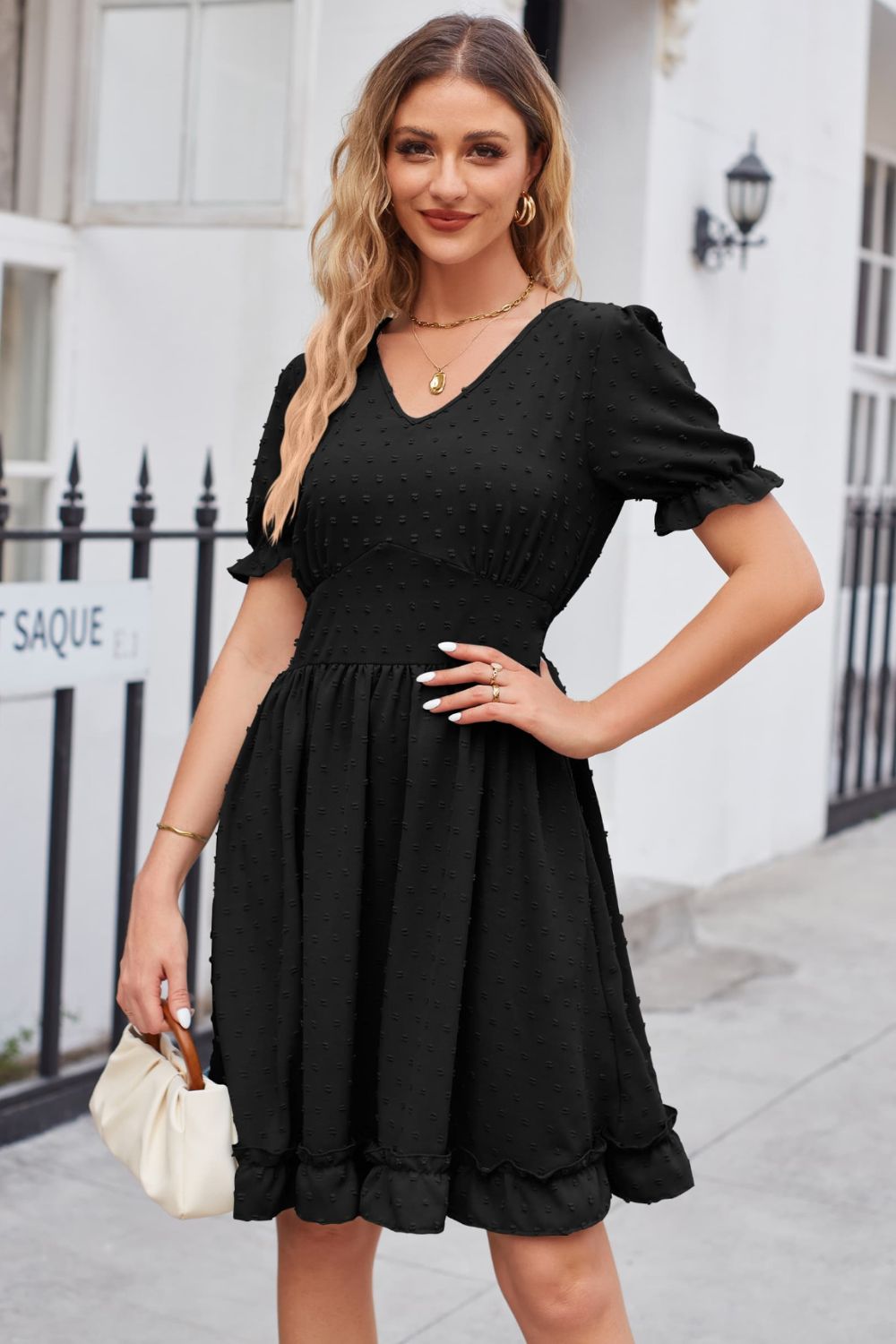 Swiss Dot Frill Trim Flounce Sleeve V-Neck Dress Trendsi