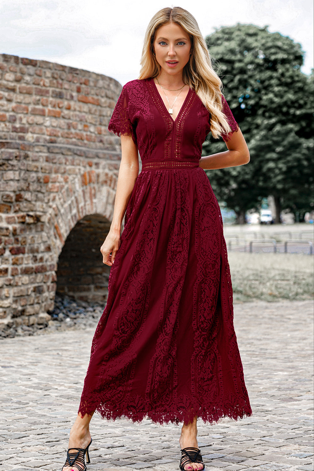 Scalloped Trim Lace Plunge Dress Trendsi