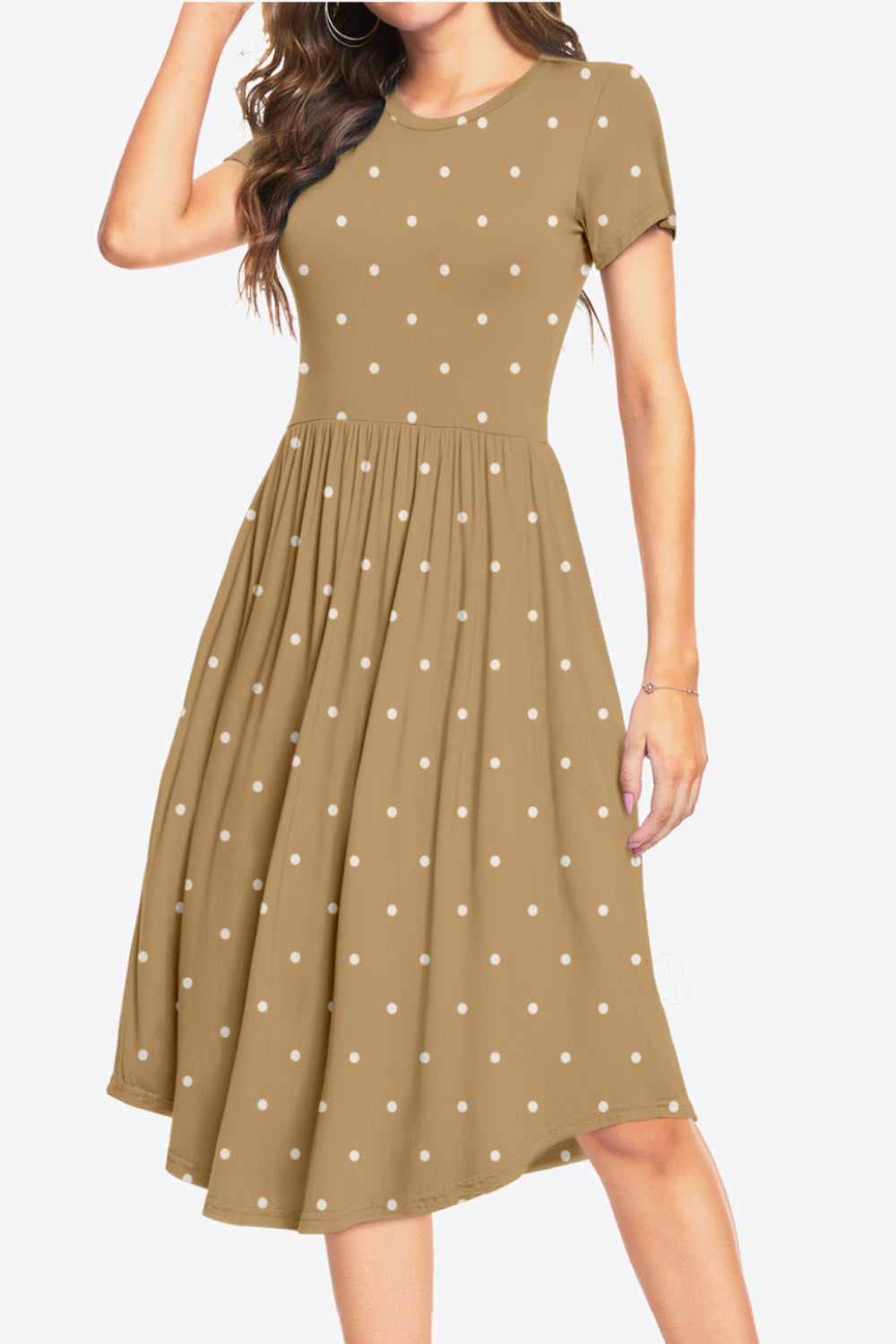 Printed Round Neck Short Sleeve Dress with Pockets Trendsi