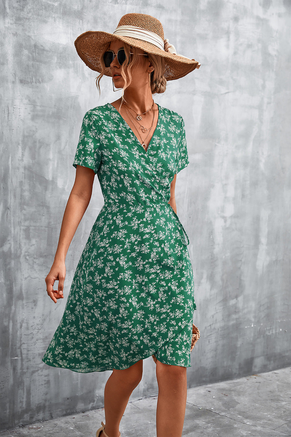 Floral Surplice Neck Flutter Sleeve Dress Trendsi