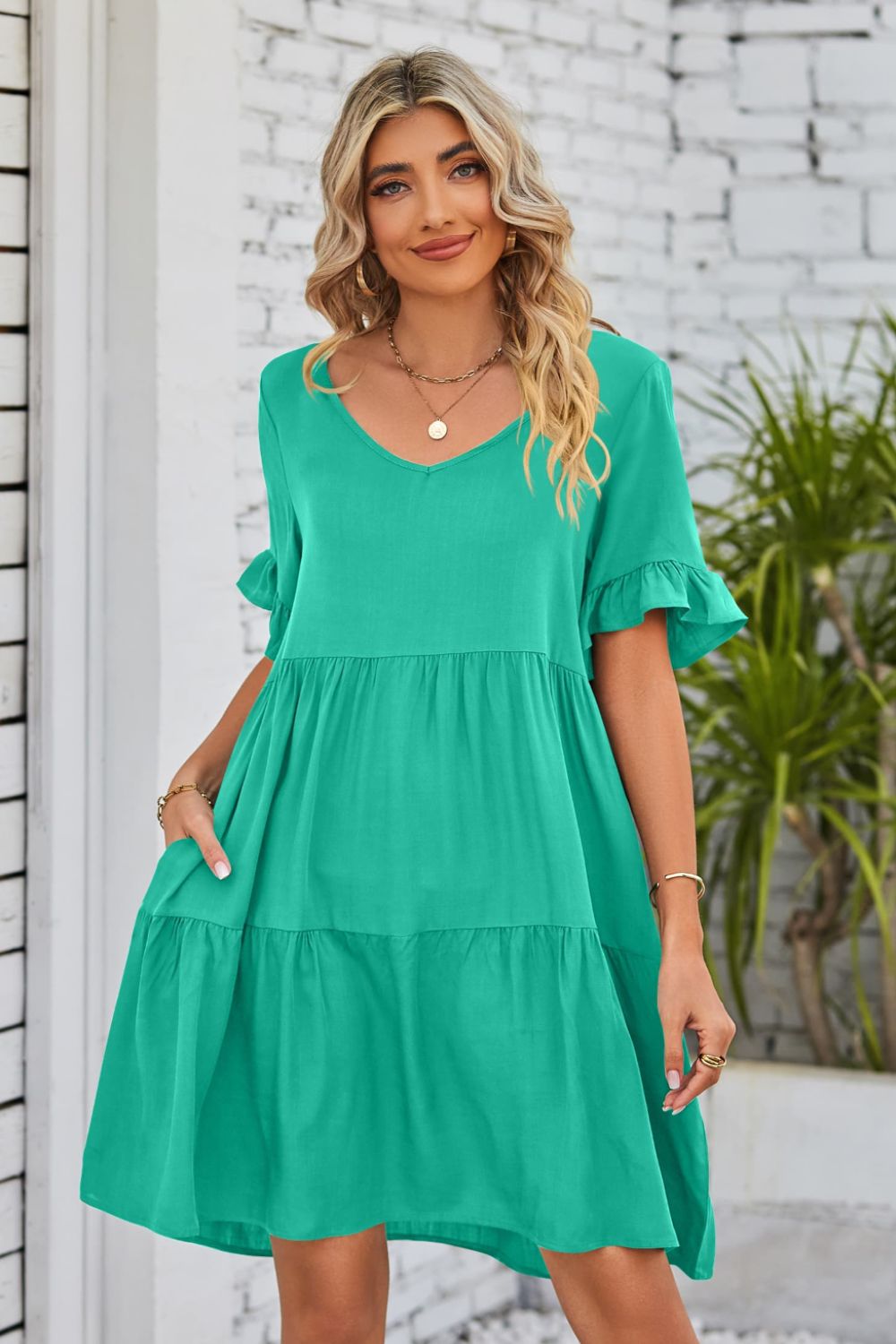 V-Neck Flounce Sleeve Tiered Dress Trendsi