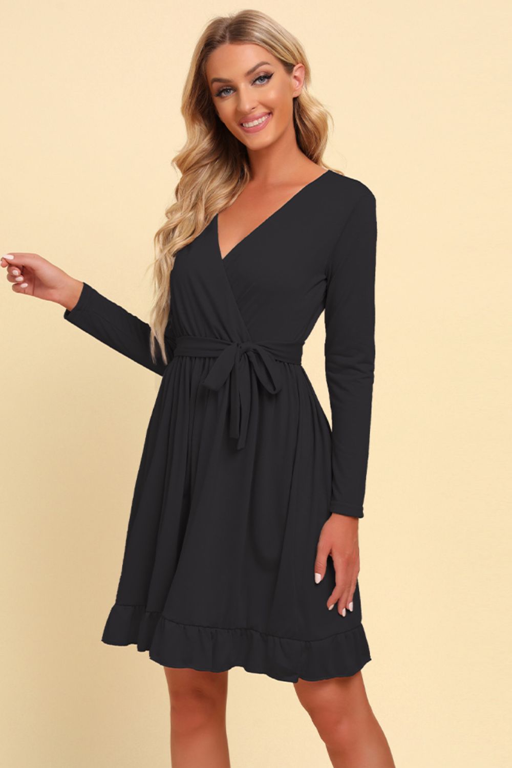 Long Sleeve Tie Waist Ruffle Hem Dress Trendsi