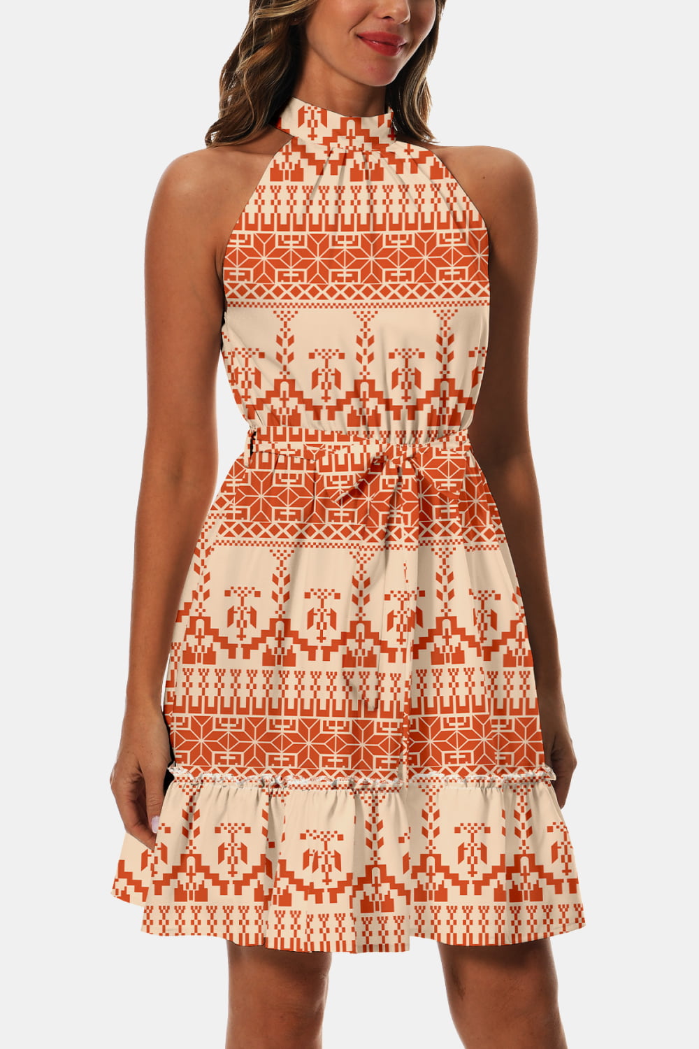 Printed Tie Waist Frill Trim Dress Trendsi