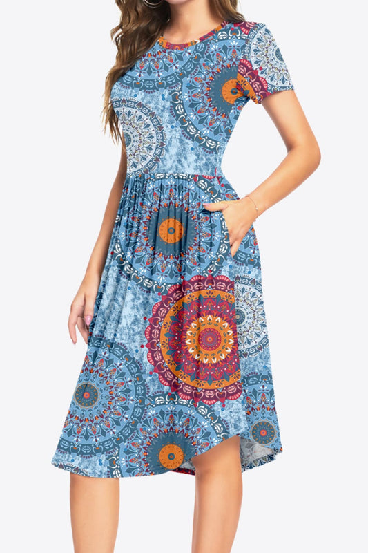 Printed Round Neck Short Sleeve Dress with Pockets Trendsi