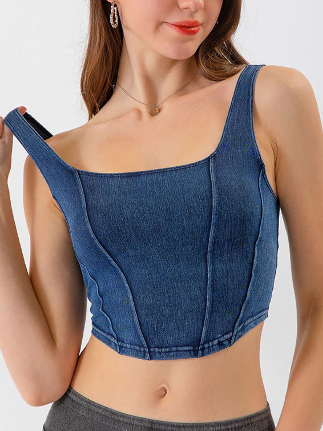 Seam Detail Cropped Denim Tank Trendsi