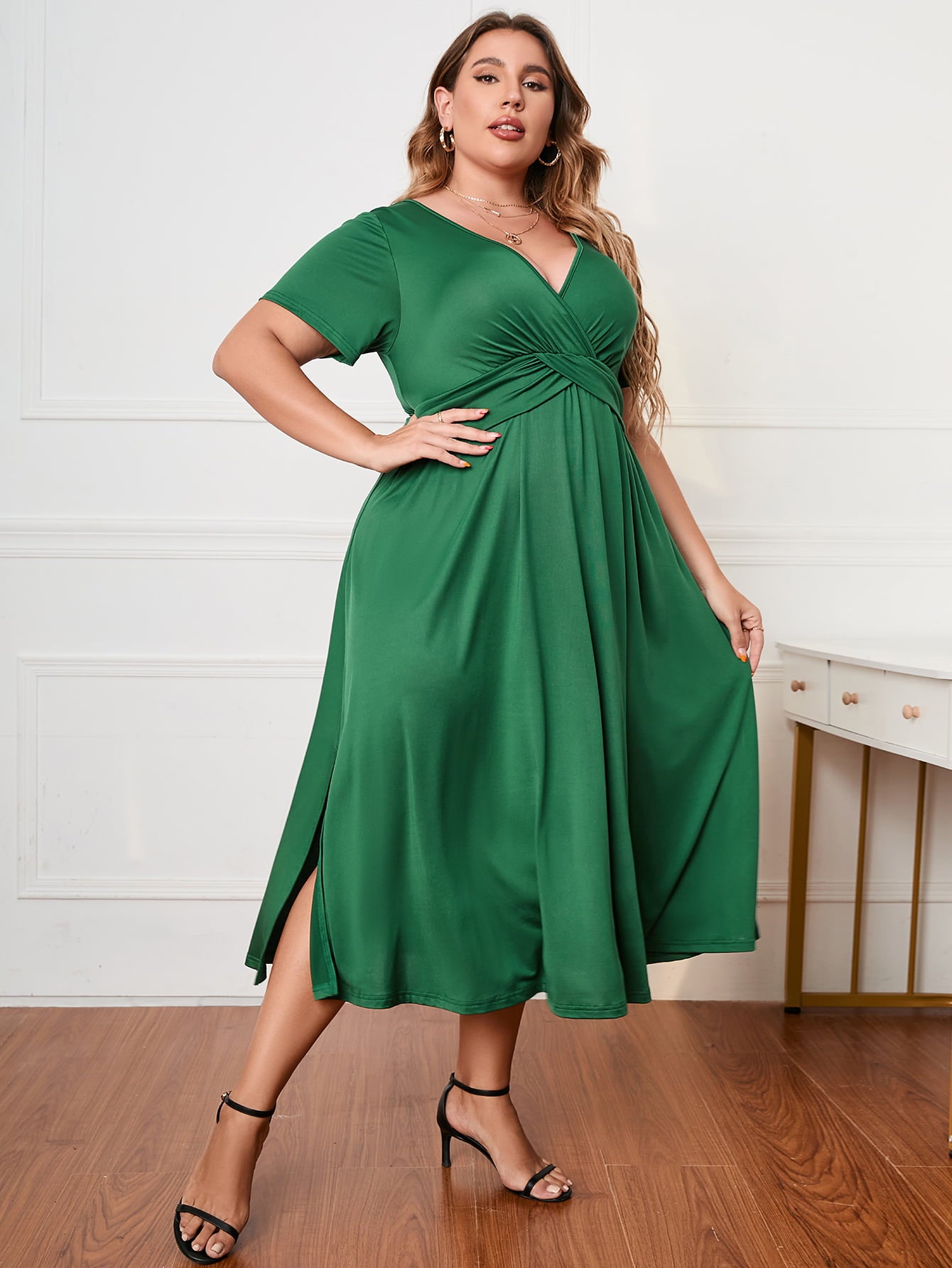 Plus Size Short Sleeve Surplice Neck Midi Dress Trendsi