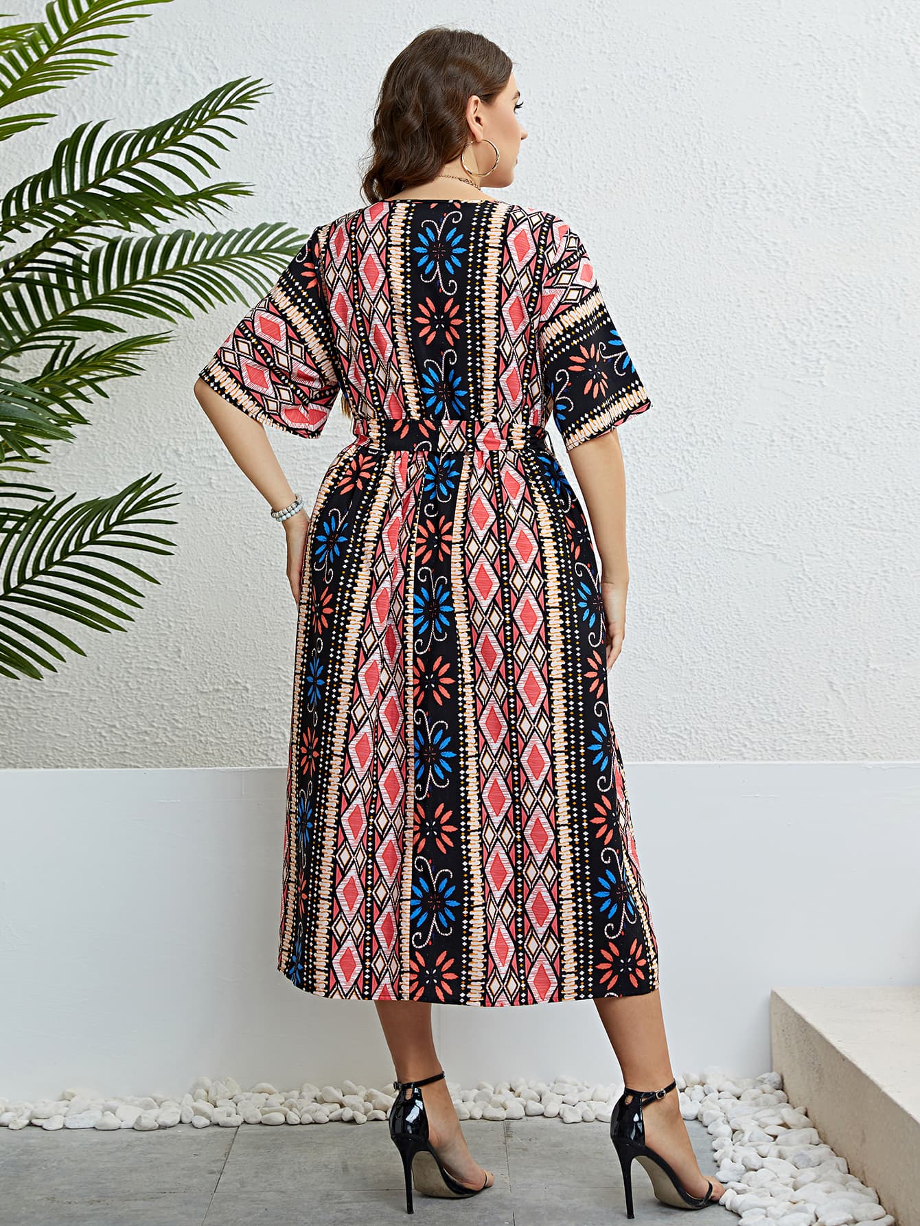 Plus Size Bohemian V-Neck Tie Belt Midi Dress Trendsi