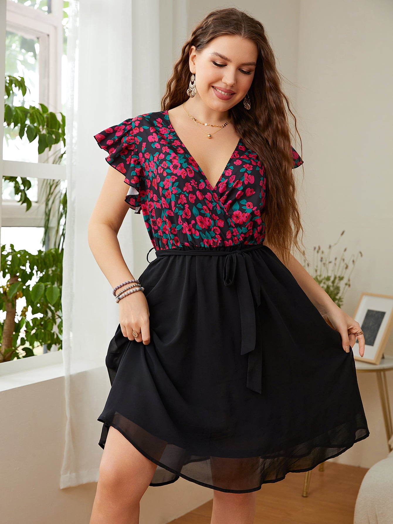 Plus Size Floral Surplice Neck Flutter Sleeve Dress Trendsi