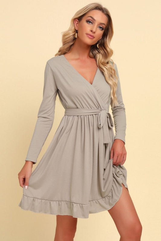 Long Sleeve Tie Waist Ruffle Hem Dress Trendsi
