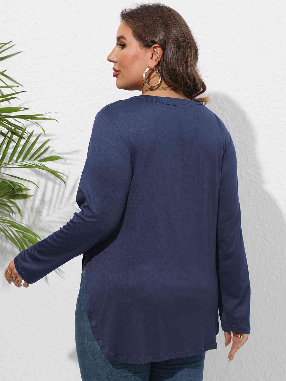 Plus Size Round Neck Long Sleeve Slit Shirt