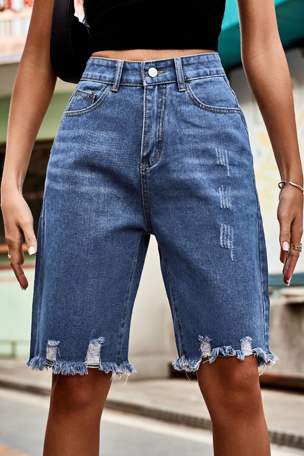 Raw Hem High Waist Denim Shorts with Pockets Trendsi