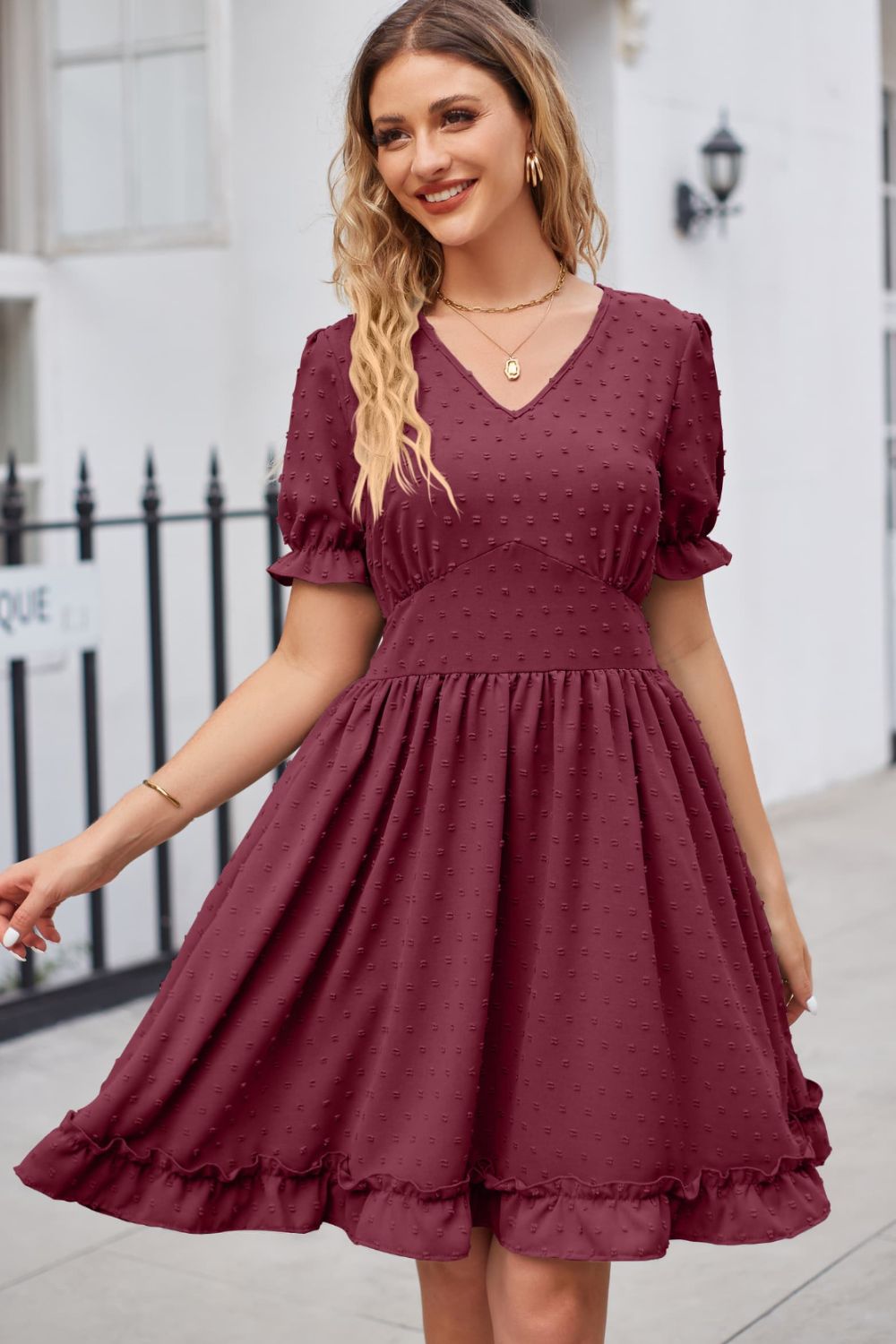 Swiss Dot Frill Trim Flounce Sleeve V-Neck Dress Trendsi