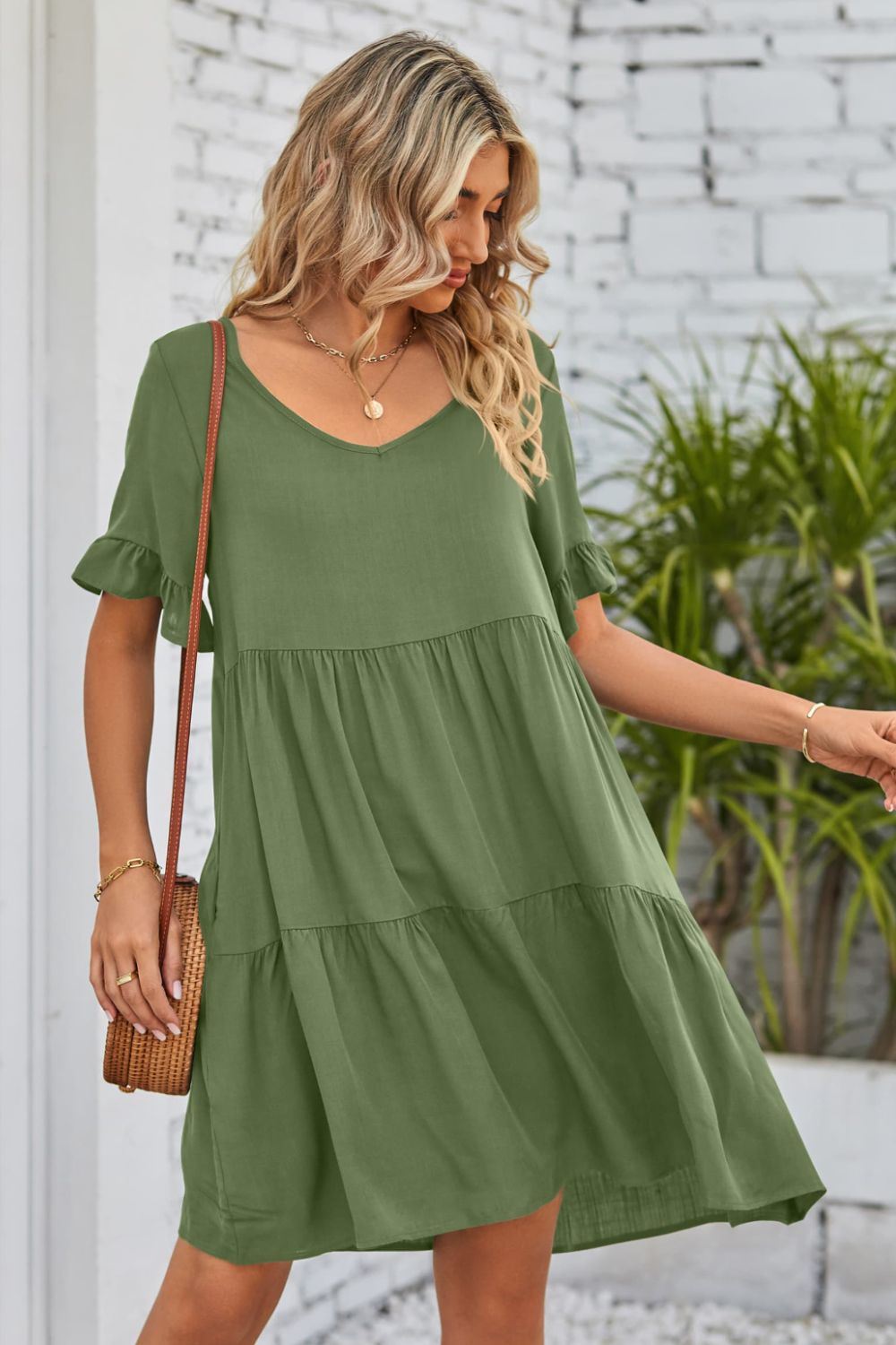 V-Neck Flounce Sleeve Tiered Dress Trendsi