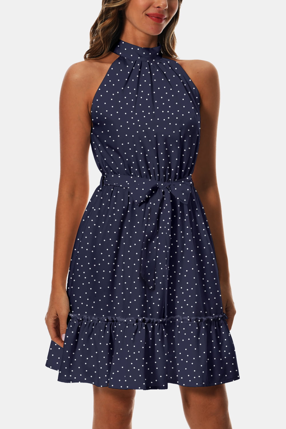 Printed Tie Waist Frill Trim Dress Trendsi