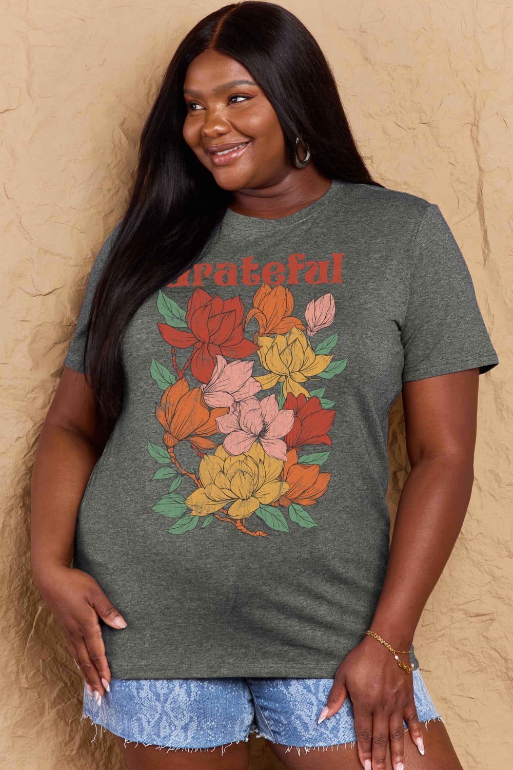 Simply Love Full Size GRATEFUL Flower Graphic Cotton T-Shirt Trendsi