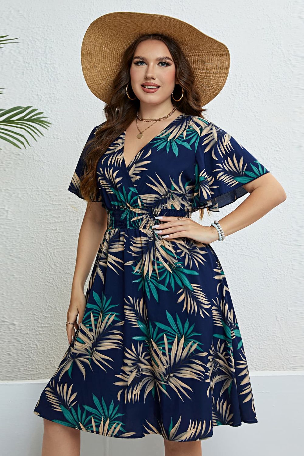Botanical Print Flutter Sleeve Smocked Waist Dress Trendsi
