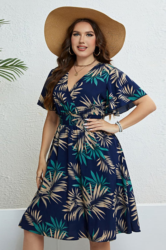 Botanical Print Flutter Sleeve Smocked Waist Dress Trendsi