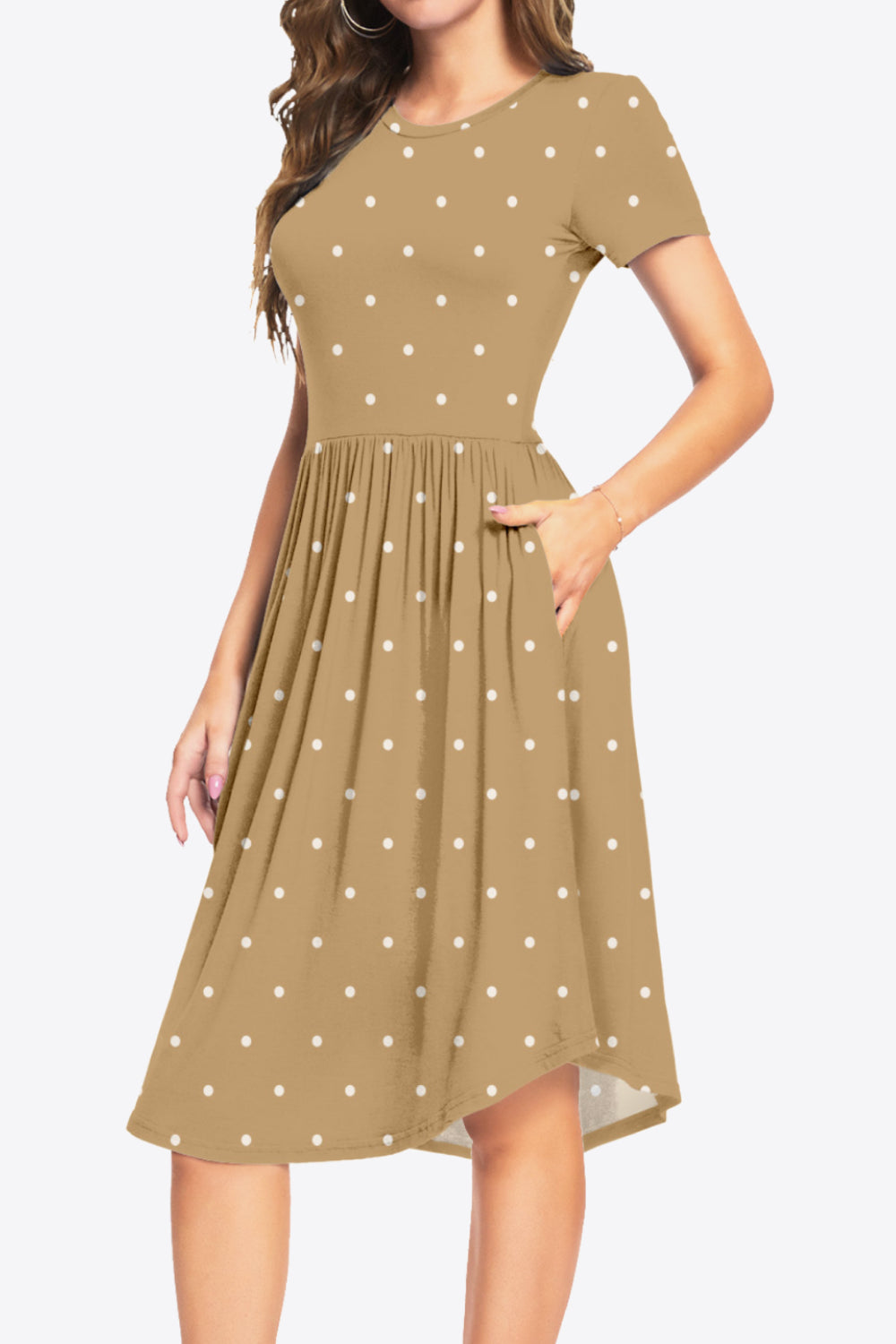 Printed Round Neck Short Sleeve Dress with Pockets Trendsi