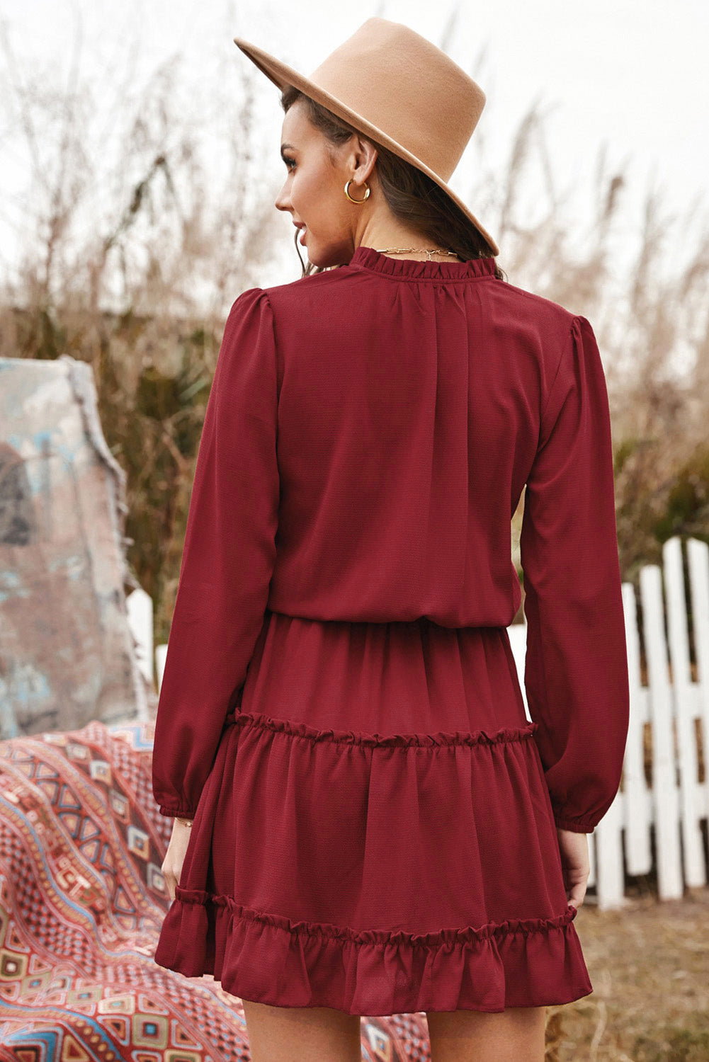 Tied Frill Trim Puff Sleeve Mini Dress Trendsi