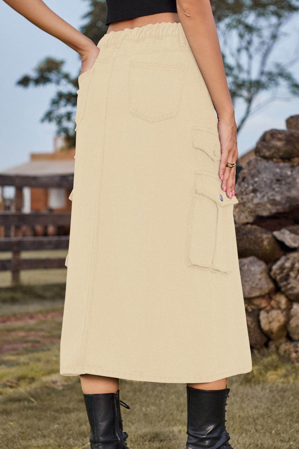 Slit Front Midi Denim Skirt with Pockets Trendsi