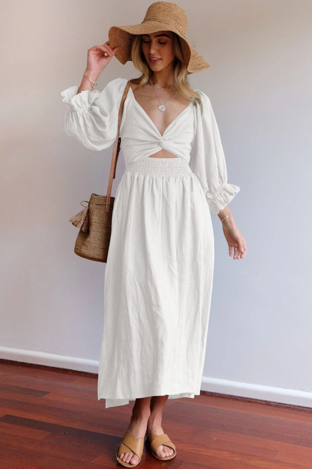 Smocked Square Neck Flounce Sleeve Dress Trendsi