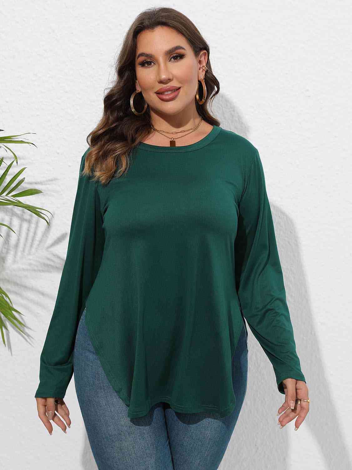 Plus Size Round Neck Long Sleeve Slit Shirt