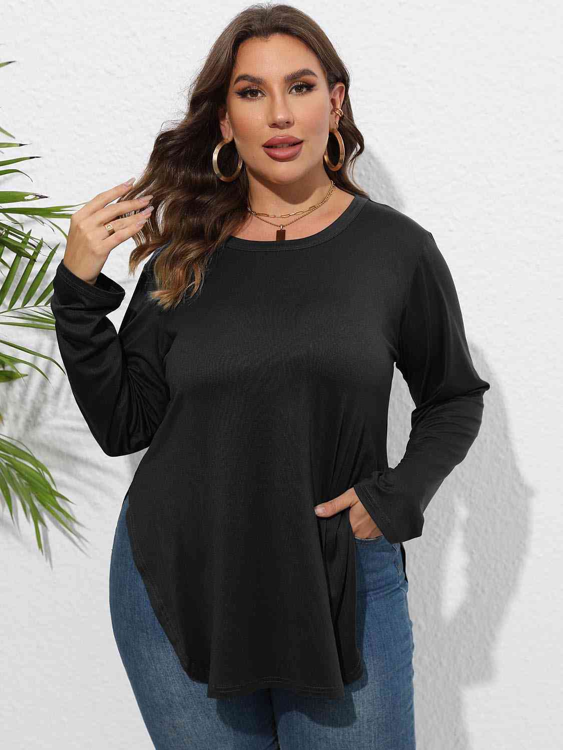 Plus Size Round Neck Long Sleeve Slit Shirt