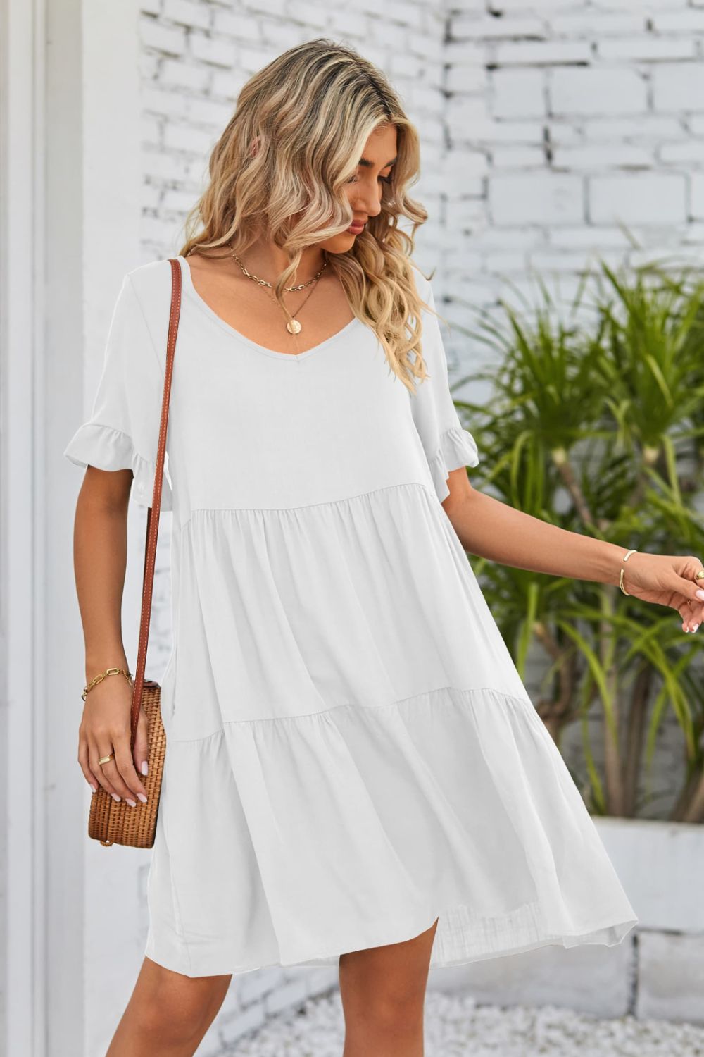 V-Neck Flounce Sleeve Tiered Dress Trendsi