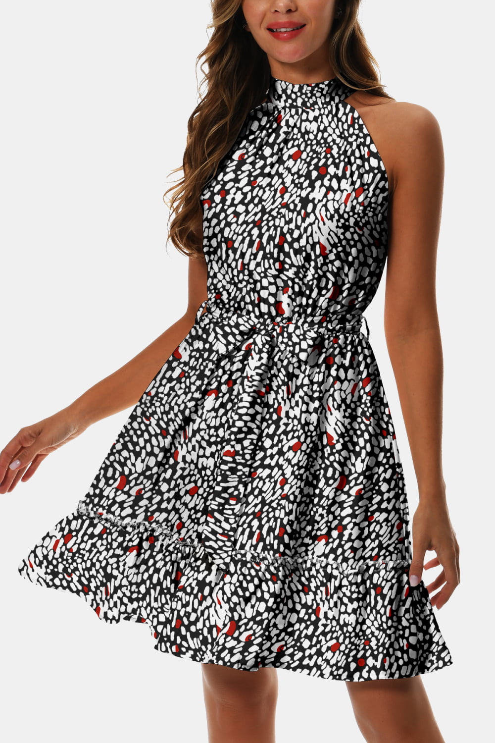 Printed Tie Waist Frill Trim Dress Trendsi