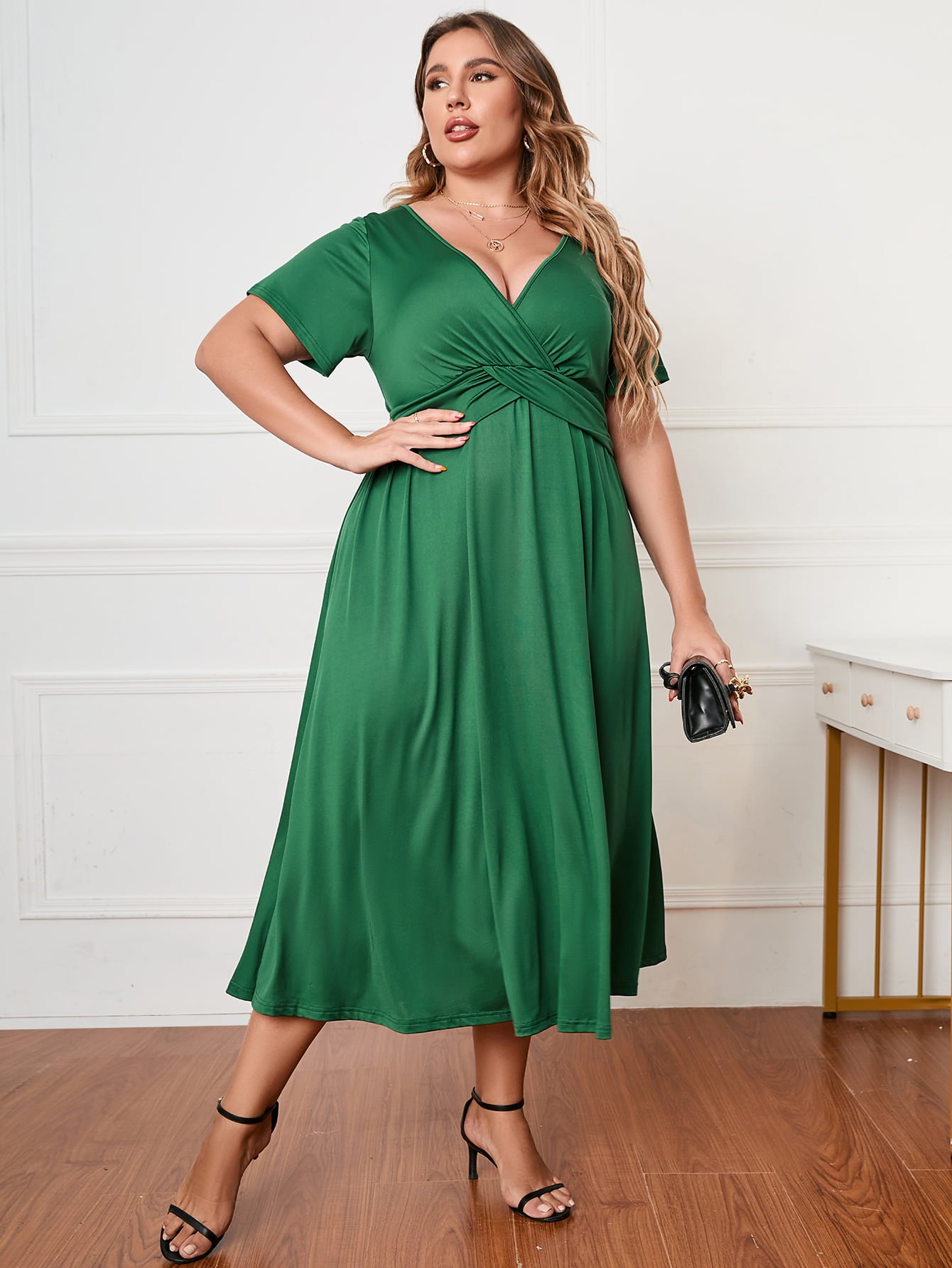 Plus Size Short Sleeve Surplice Neck Midi Dress Trendsi