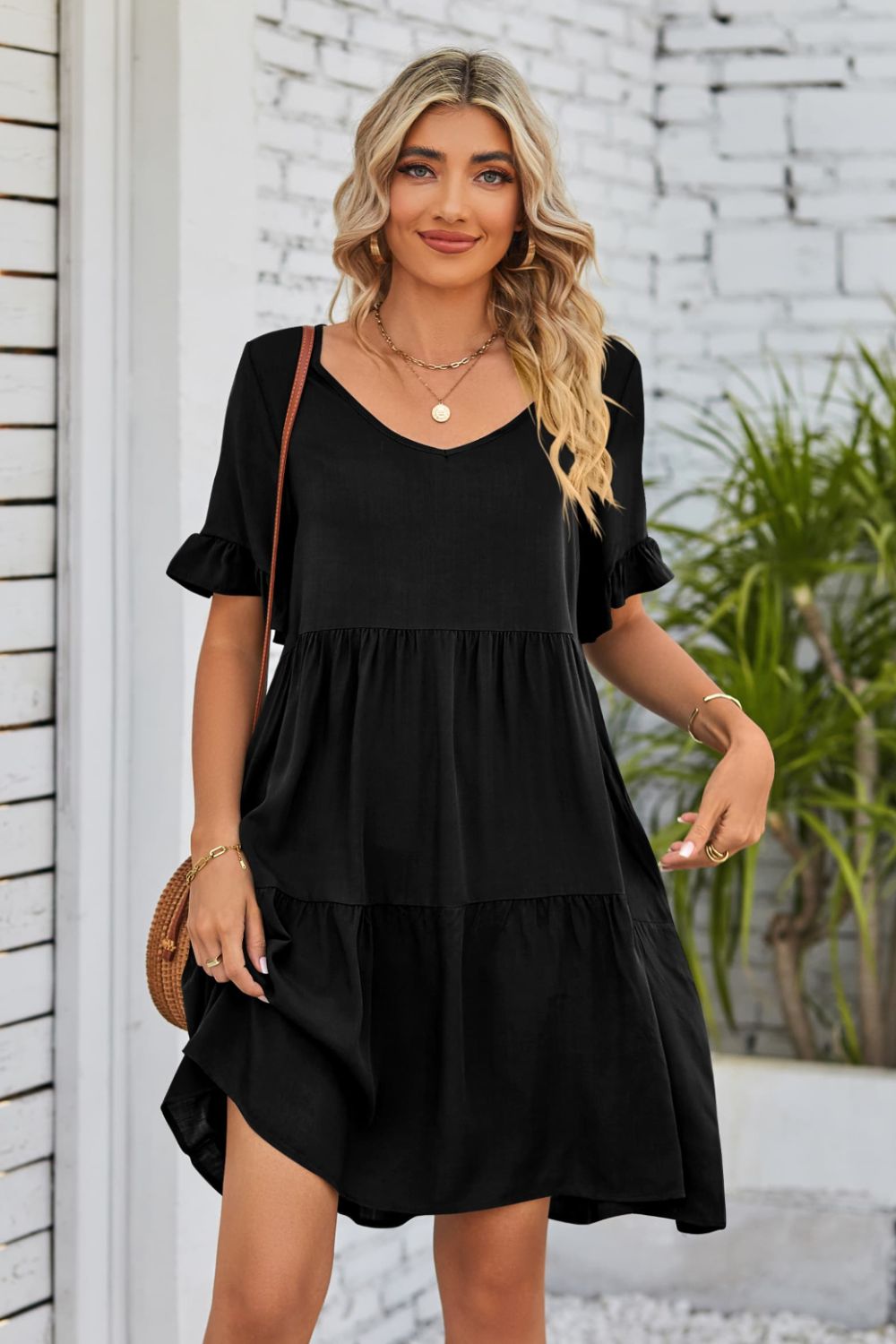 V-Neck Flounce Sleeve Tiered Dress Trendsi