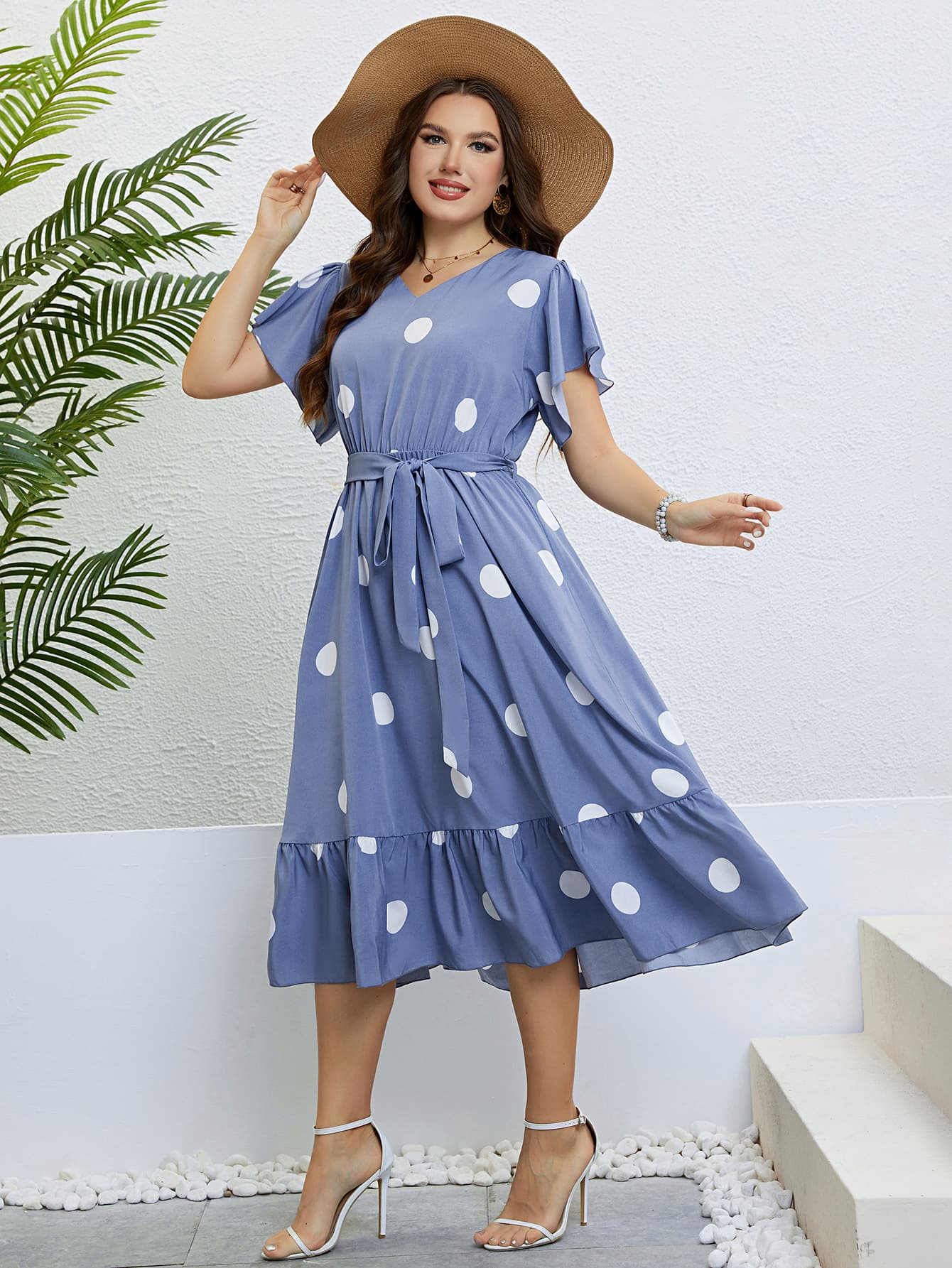 Polka Dot Belted Flutter Sleeve Ruffle Hem Dress Trendsi