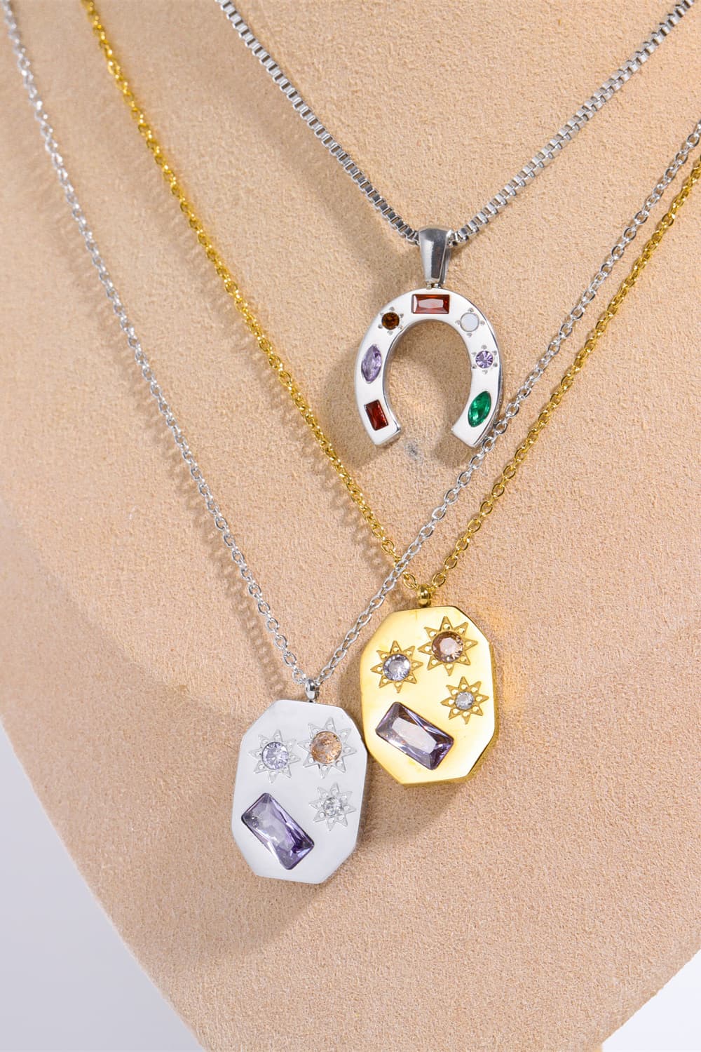 Inlaid Zircon Pendant Stainless Steel Necklace Trendsi