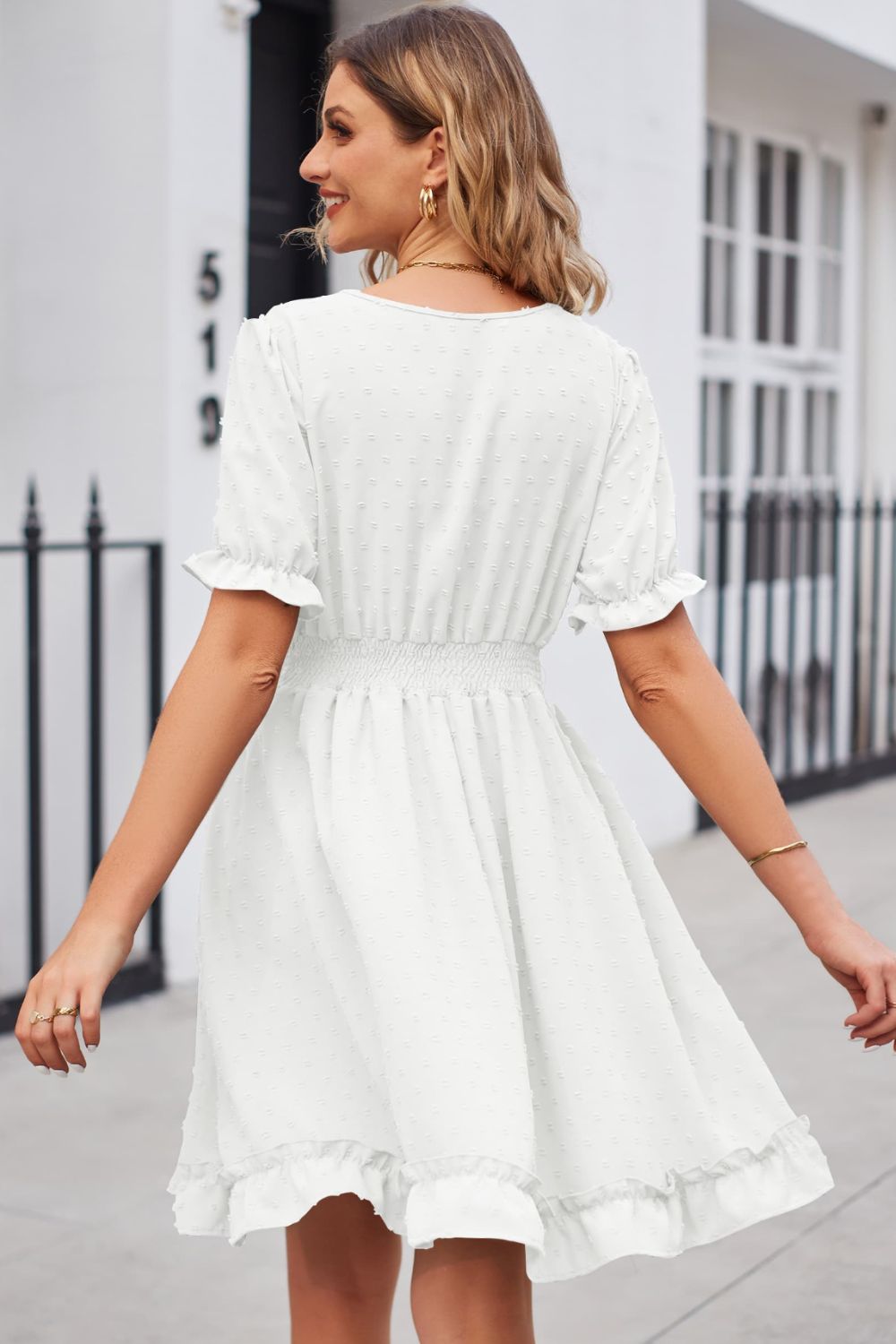 Swiss Dot Frill Trim Flounce Sleeve V-Neck Dress Trendsi
