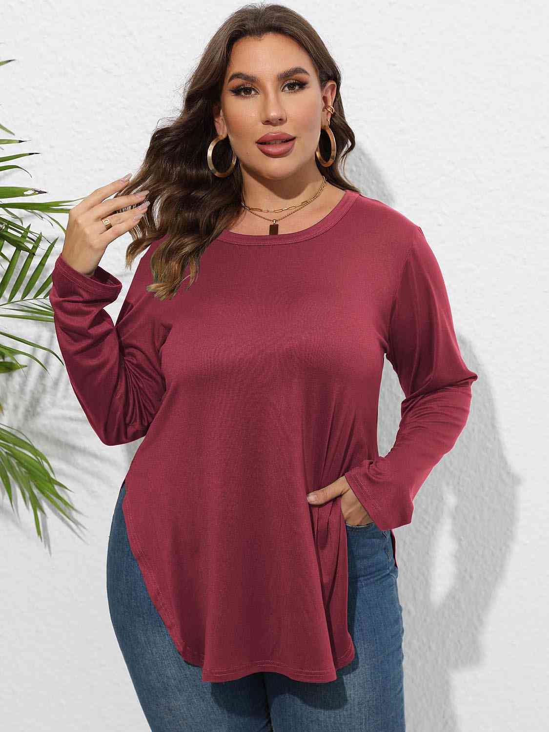 Plus Size Round Neck Long Sleeve Slit Shirt