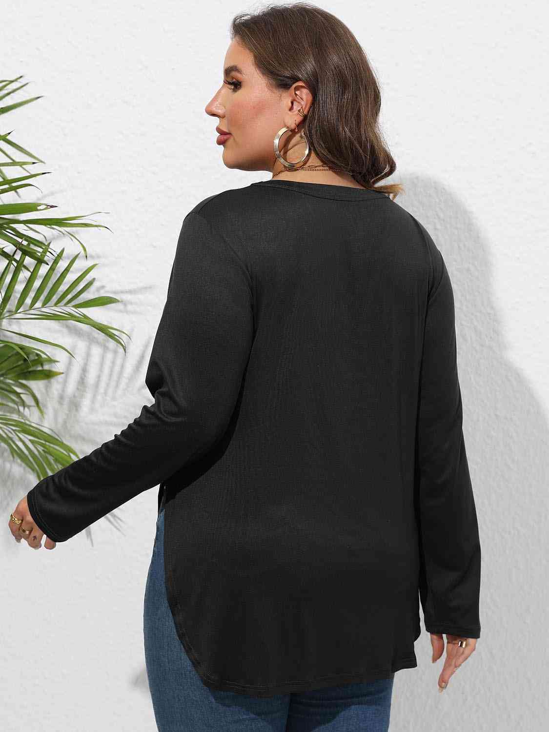 Plus Size Round Neck Long Sleeve Slit Shirt