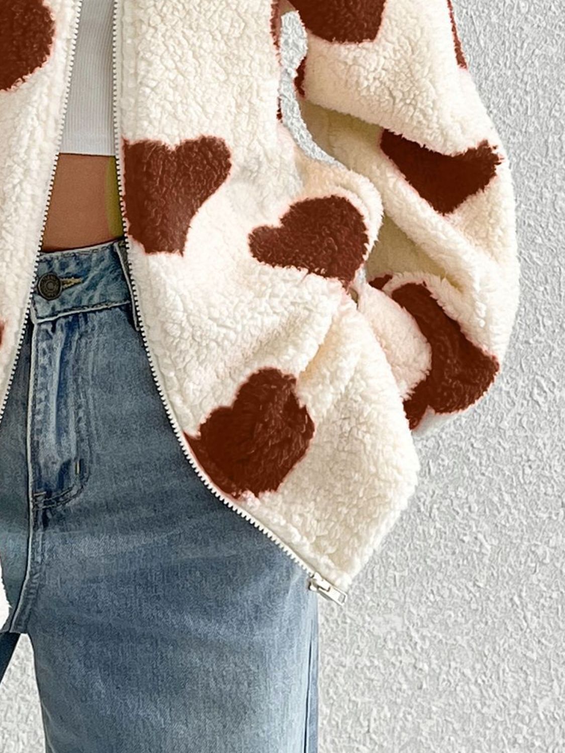 Heart Zip Up Drop Shoulder Furry Jacket Trendsi