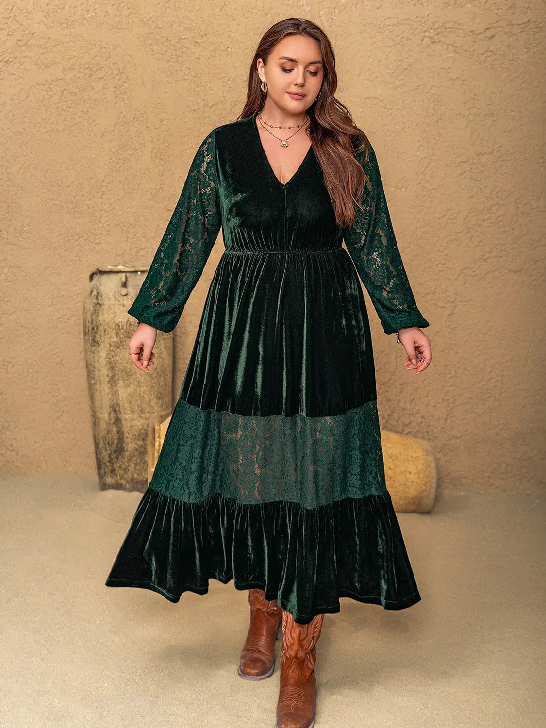 Plus Size Lace Patchwork V-Neck Balloon Sleeve Midi Dress Trendsi